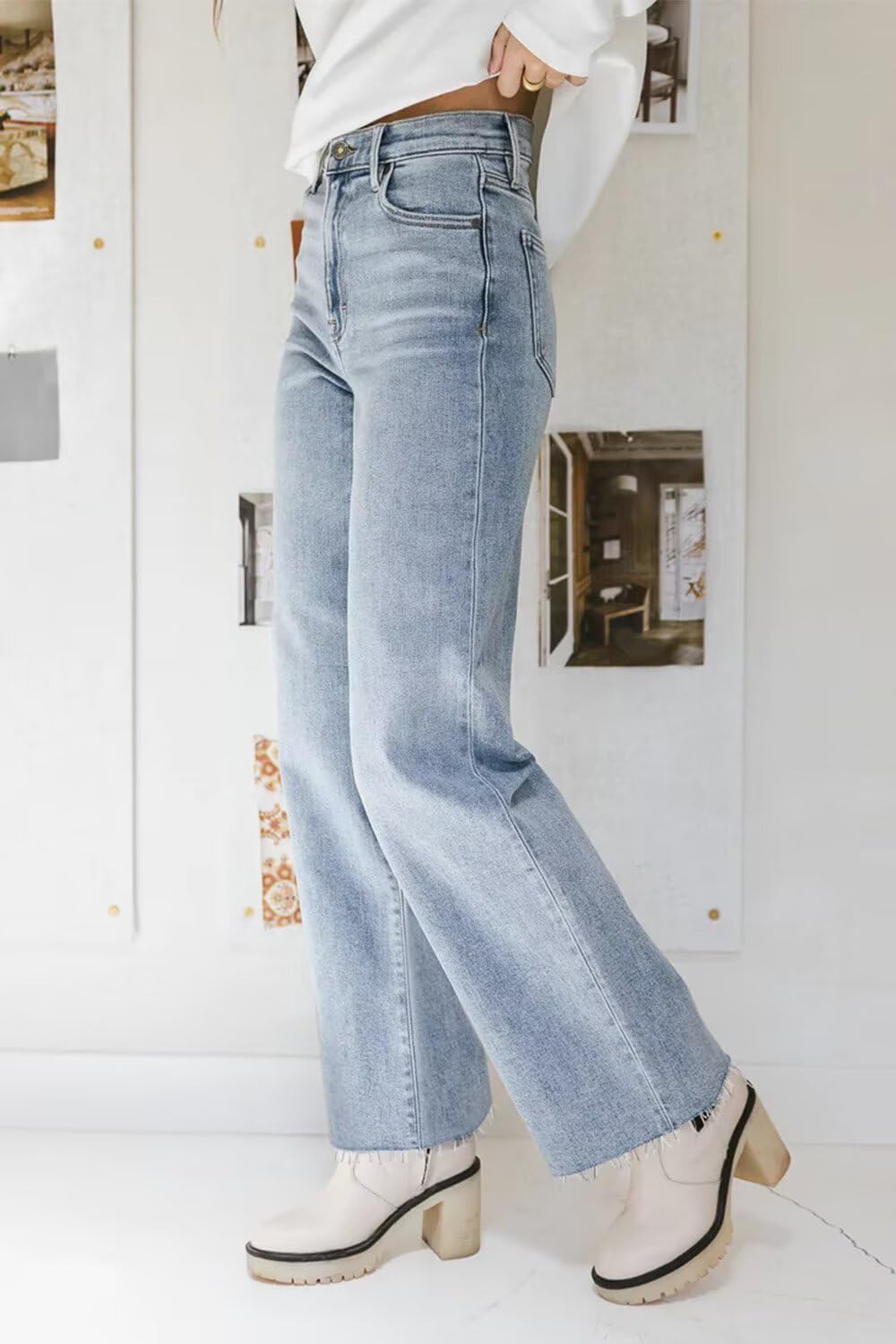Straight Leg Jeans for Women High Waisted Jeans Frayed Baggy Pants Raw Hem Loose Stretchy Cropped Wide Leg Jeans