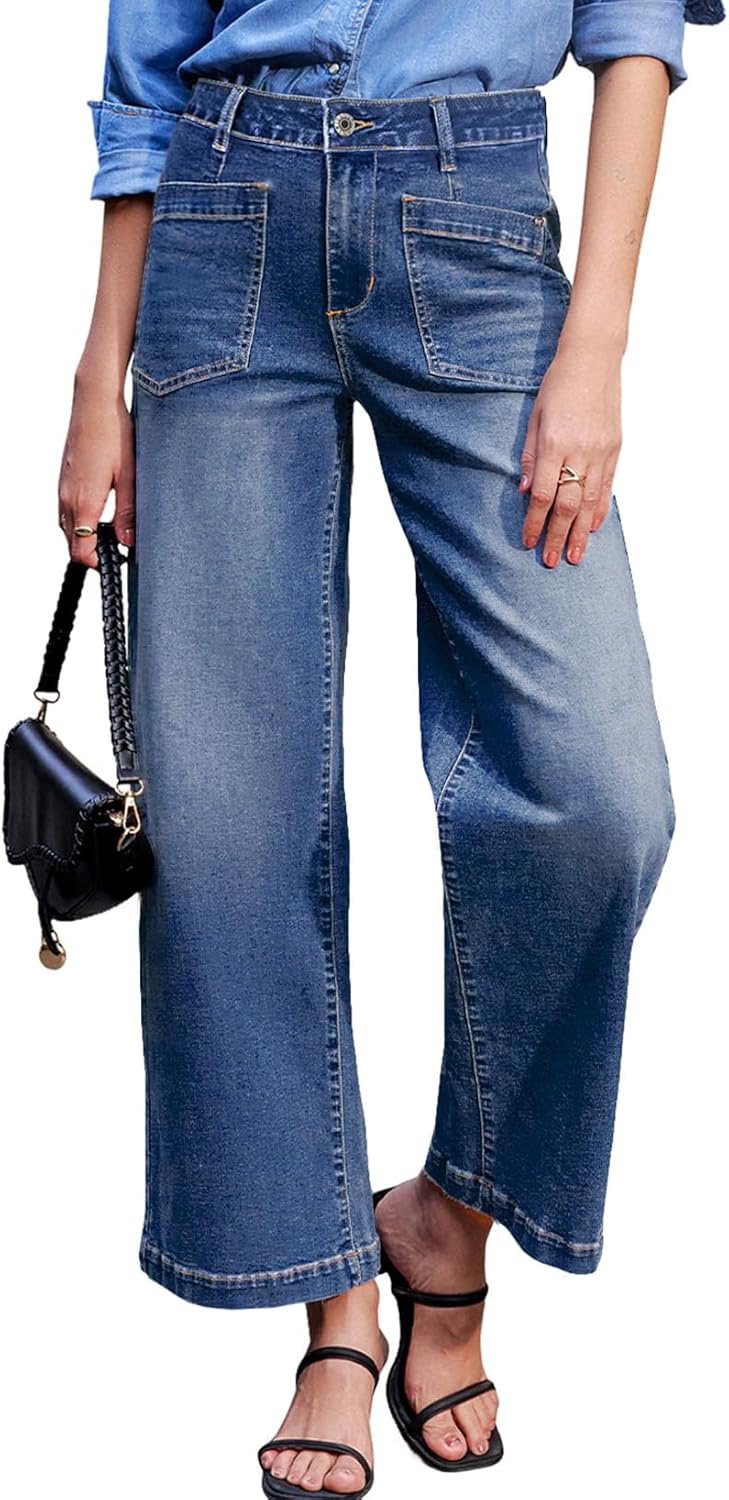 Women's Wide Leg Jeans High Waisted Stretchy Jeans Straight Leg Loose Fit   Ankle Denim Pants