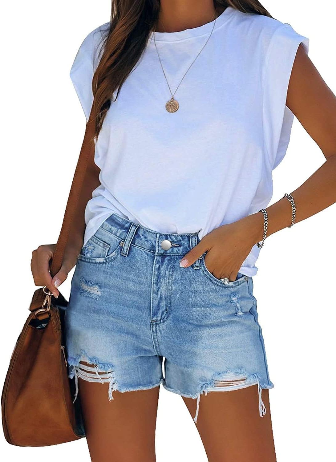 Womens Jean Shorts Stretchy High Waisted Ripped Denim Distressed Trendy Shorts with Pockets