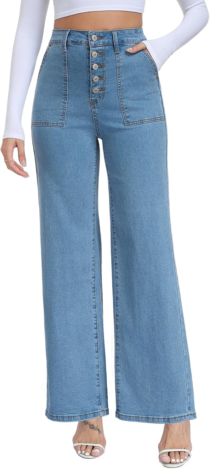 Women's Straight Leg Jeans High Waisted Button Fly Stretch Denim Pants for Women