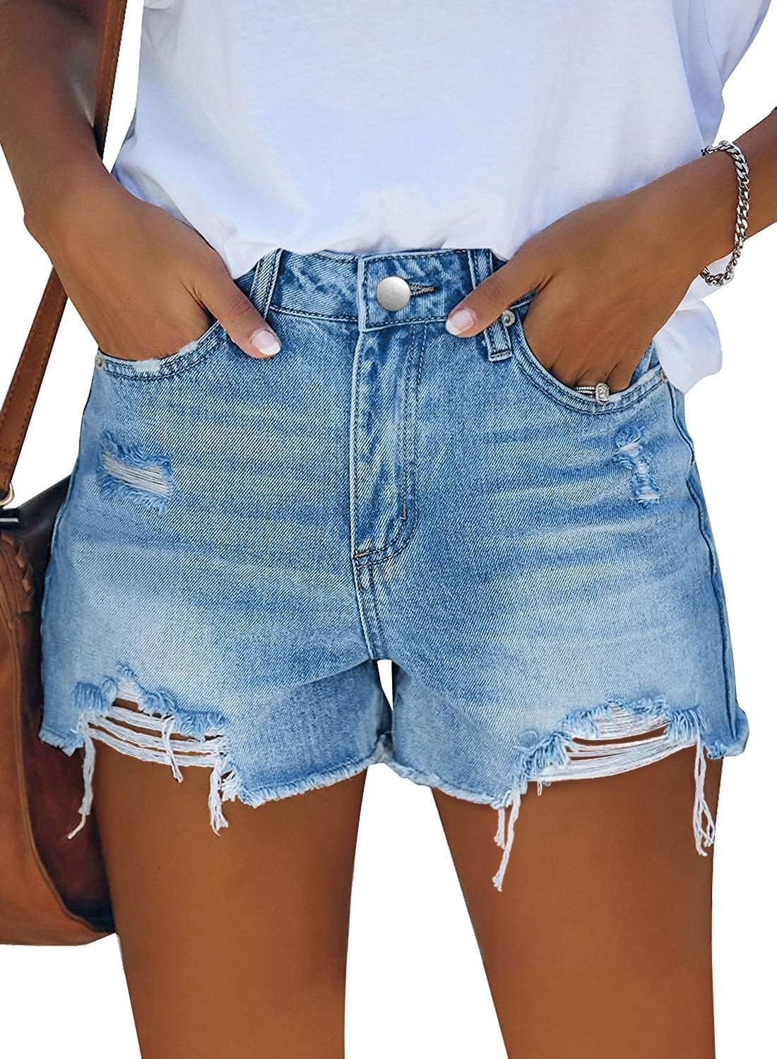 Womens Jean Shorts Stretchy High Waisted Ripped Denim Distressed Trendy Shorts with Pockets