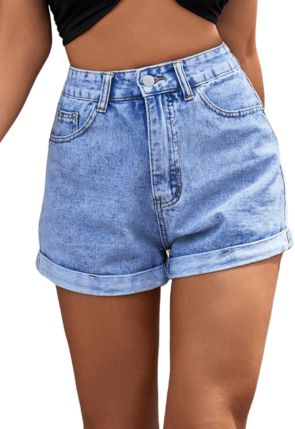 Women's High Rise Roll Up Hem Straight Leg Denim Jean Shorts with Pocket