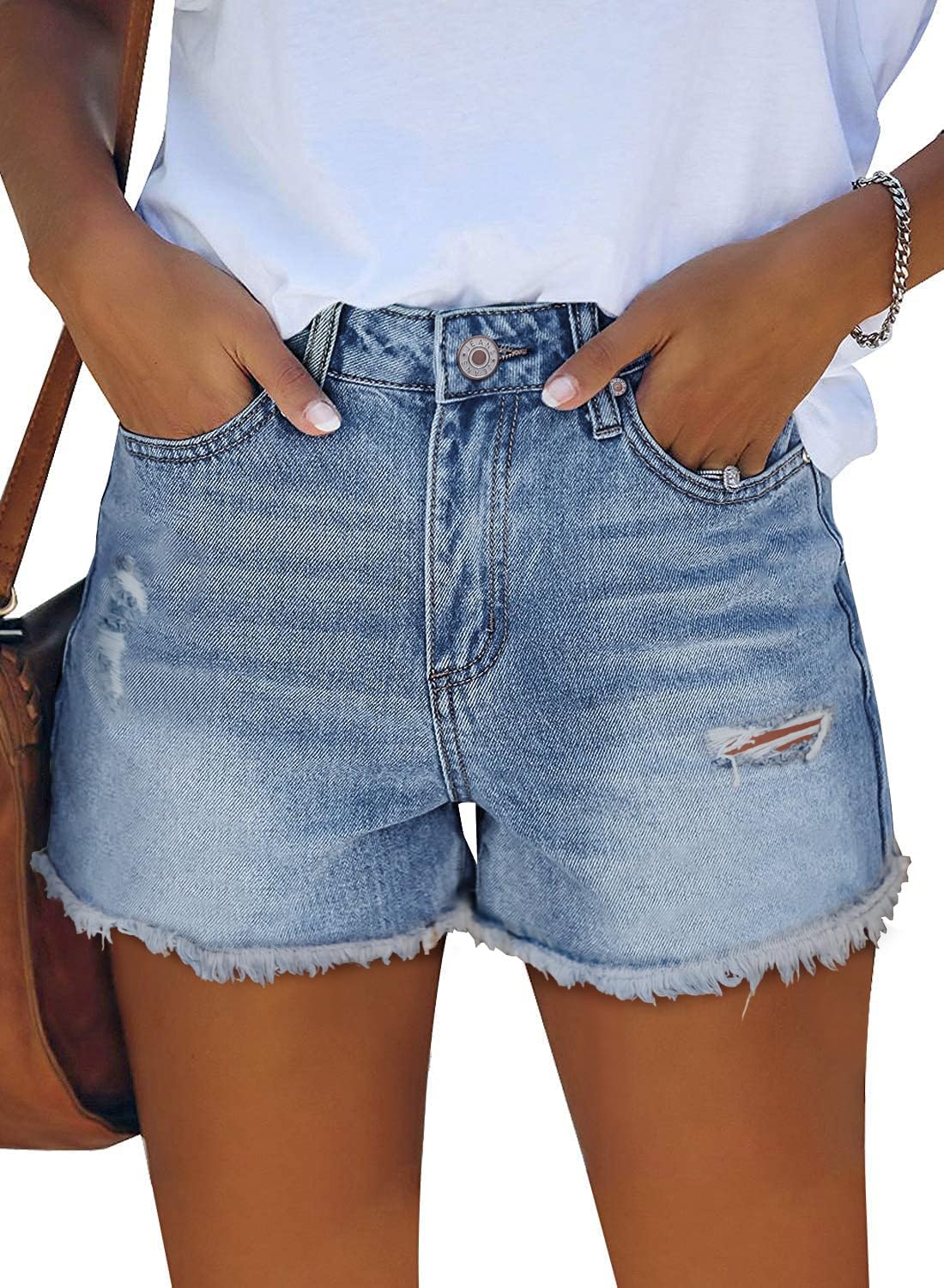 Women's Casual Summer Denim Shorts Mid Waisted Stretchy Ripped Jean Shorts with Pockets