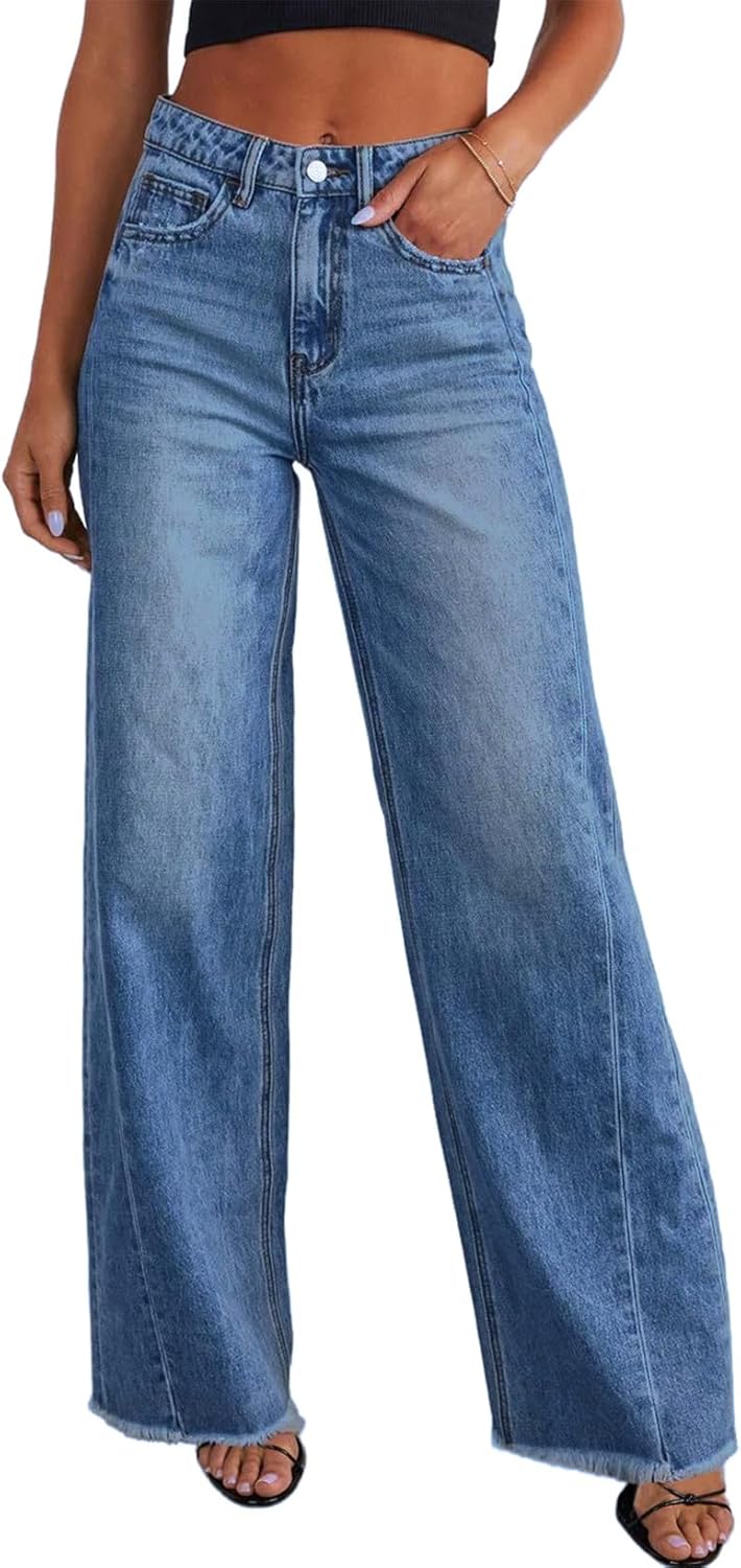 Women's Wide Leg Jeans High Waisted Strechy Raw Hem   Denim Pants