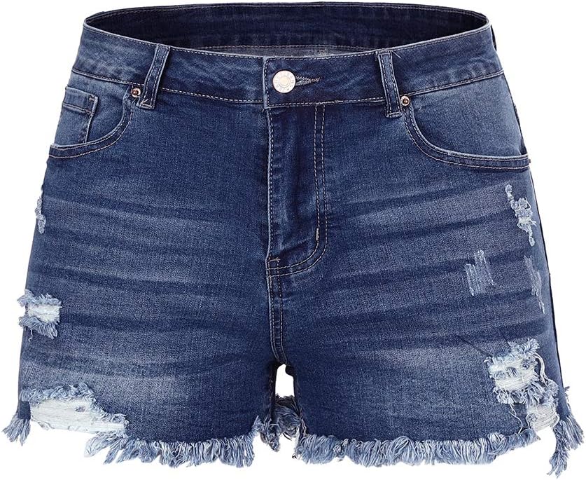 Women Mid Rise Ripped Stretchy Jeans Shorts Frayed Raw Hem Casual Denim Shorts