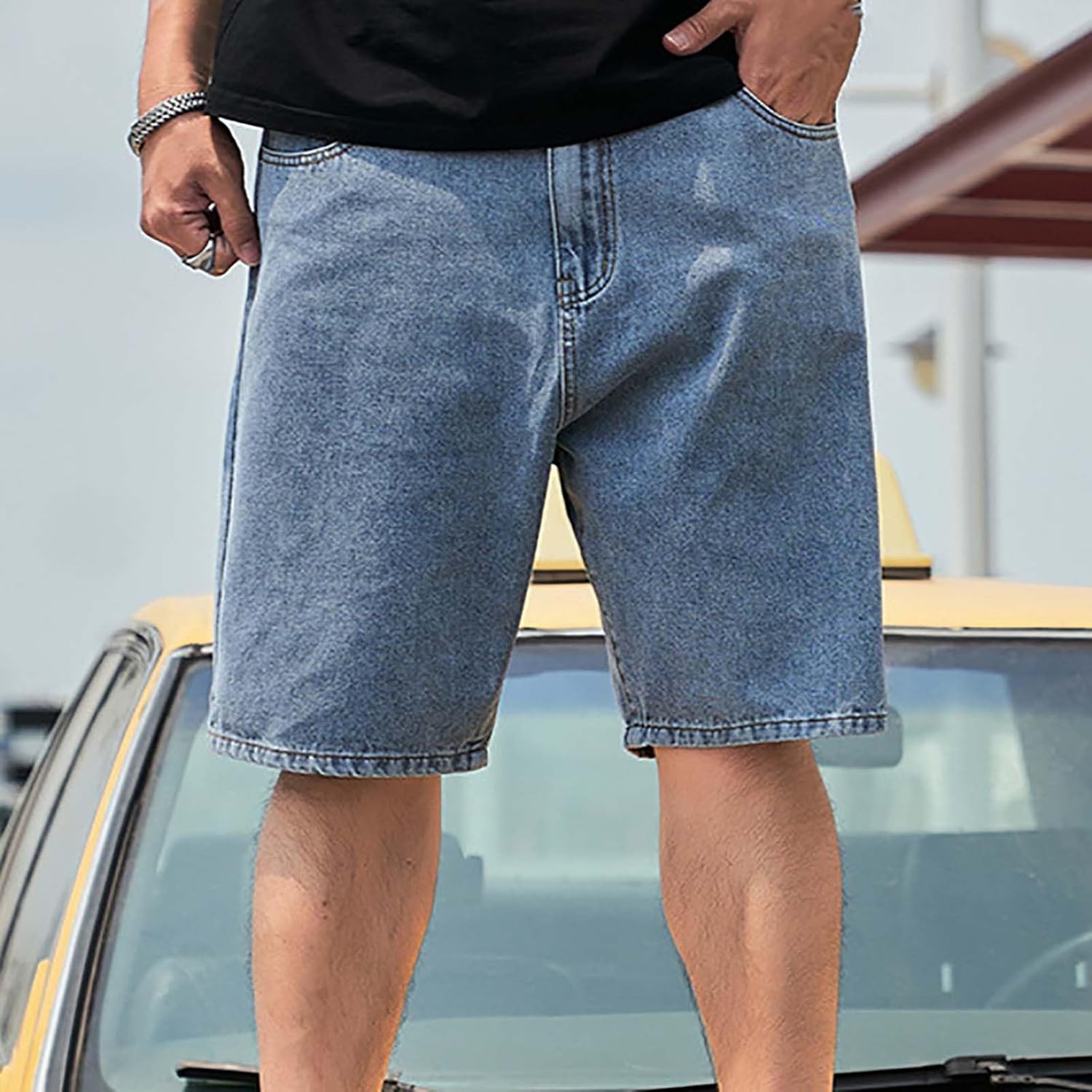 Men's Vintage Washed Jean Shorts Straight Leg Summer High Waisted Loose Fit Casual Denim Shorts with Pockets