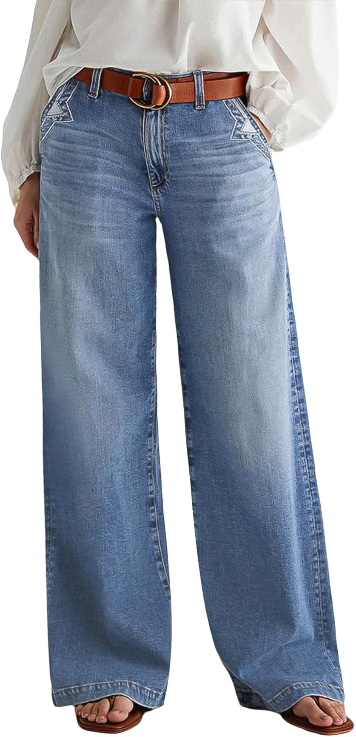 Wide Leg Jeans for Women Mid Waist Baggy Stitch Decor Denim Washed Pants Without Belt