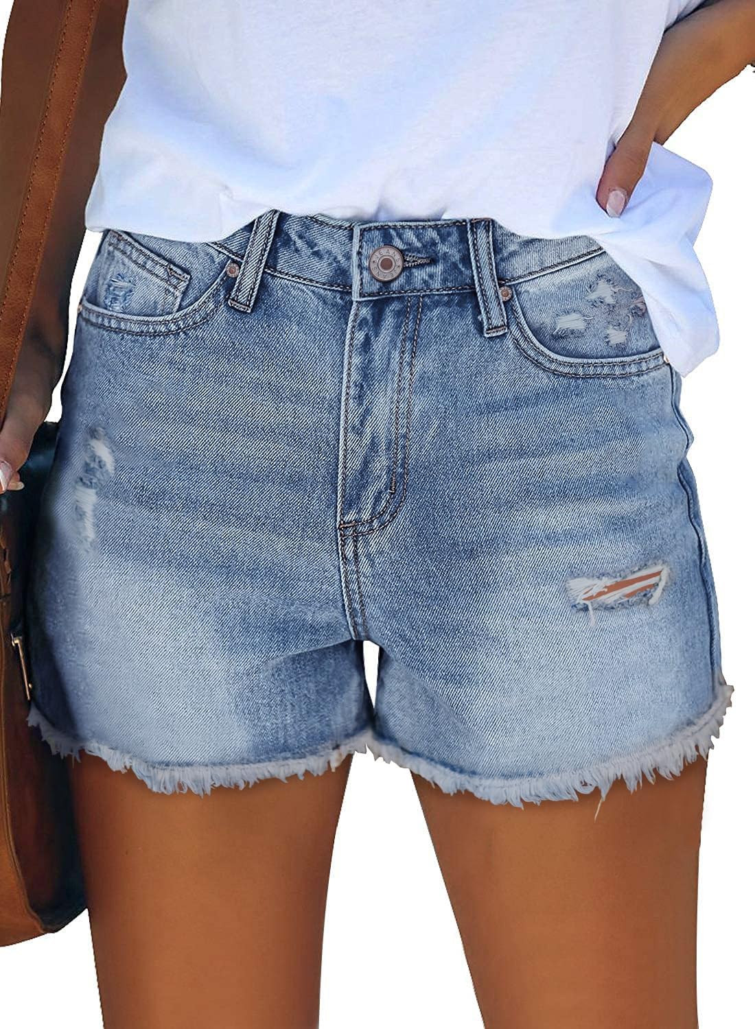 Women's Casual Summer Denim Shorts Mid Waisted Stretchy Ripped Jean Shorts with Pockets