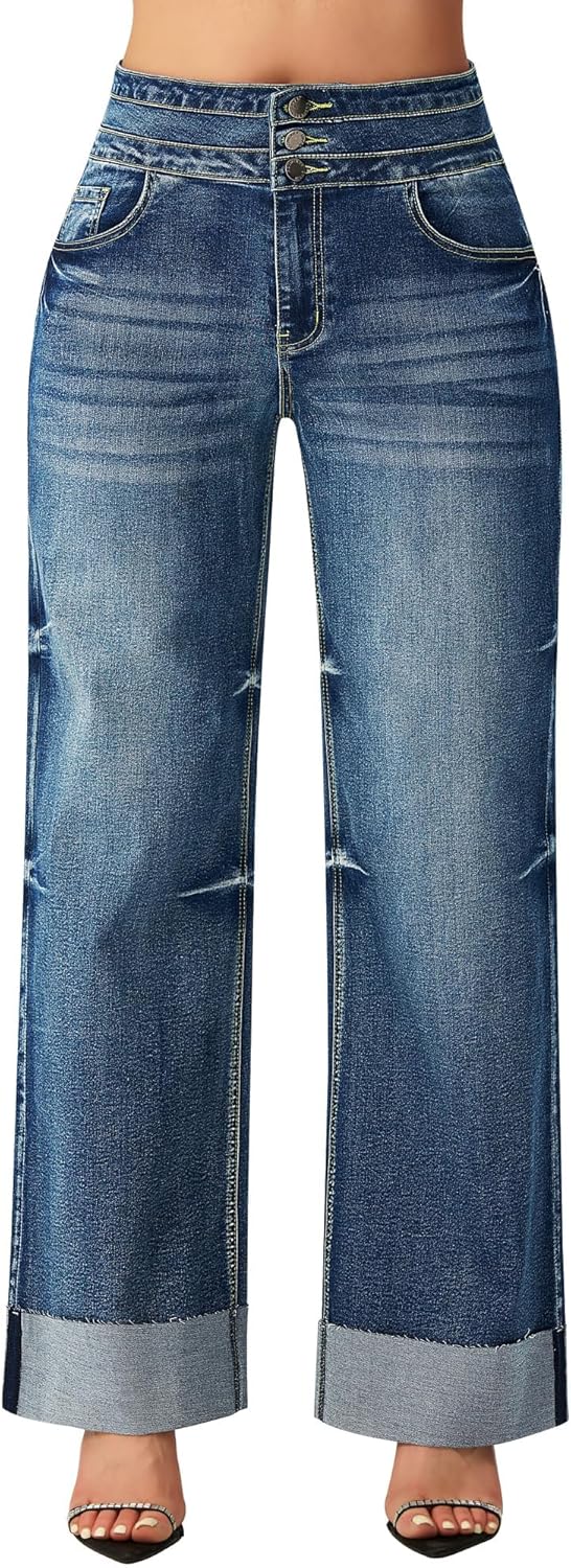 Women's High Waisted Stretchy Wide Leg Jeans Cuffed Baggy Jeans Loose Denim Pants