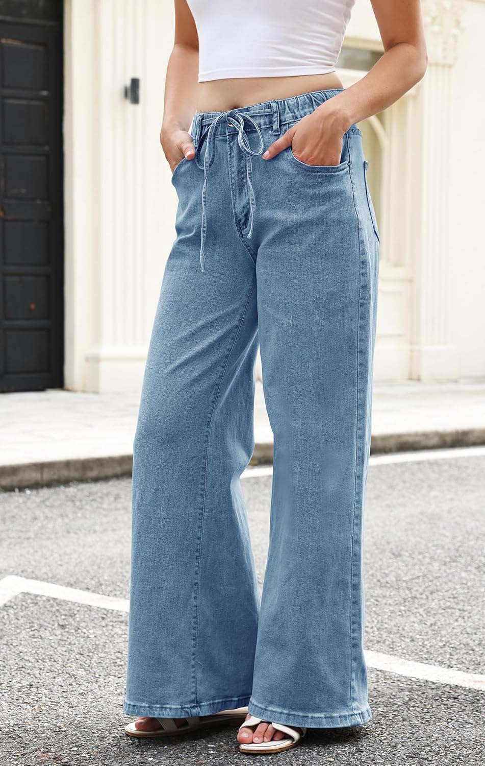 Women's Wide Leg Jeans Trendy High Waisted Stretchy Jeans with Drawstring Elastic Waist Denim Pants