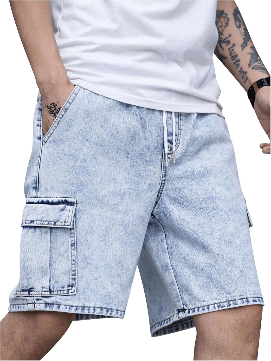 Men's Drawstring Elastic Waist Flap Pocket Straight Cargo Jean Denim Shorts