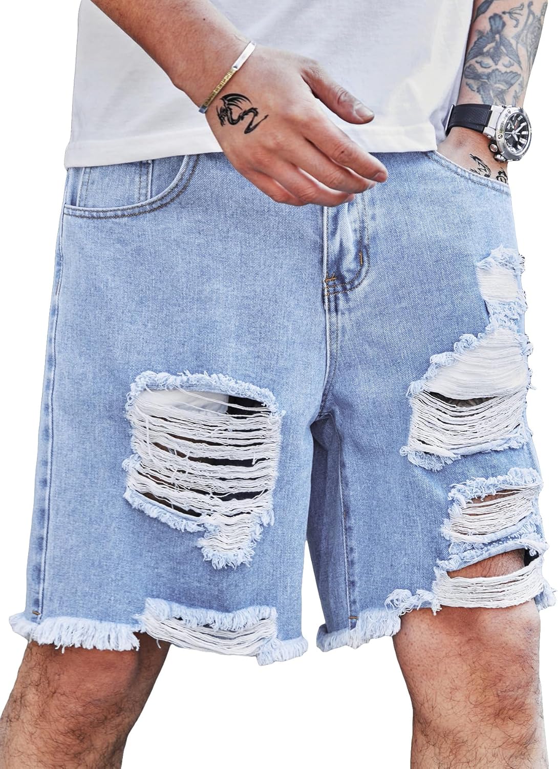Men's Ripped Bermuda Denim Shorts Straight Leg Jean Jorts with Pockets Light Blue Large