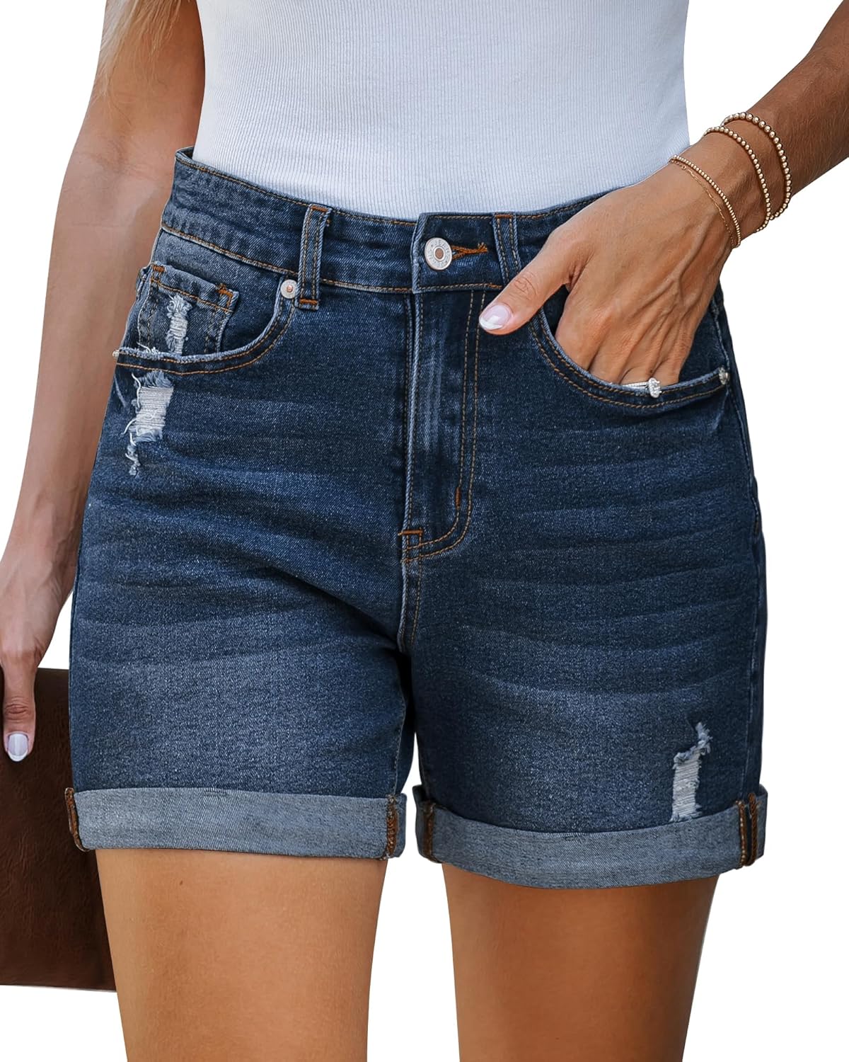 Jean Shorts Womens Stretchy High Waisted Ripped Denim Shorts with Pockets Trendy Distressed Cut Off Shorts
