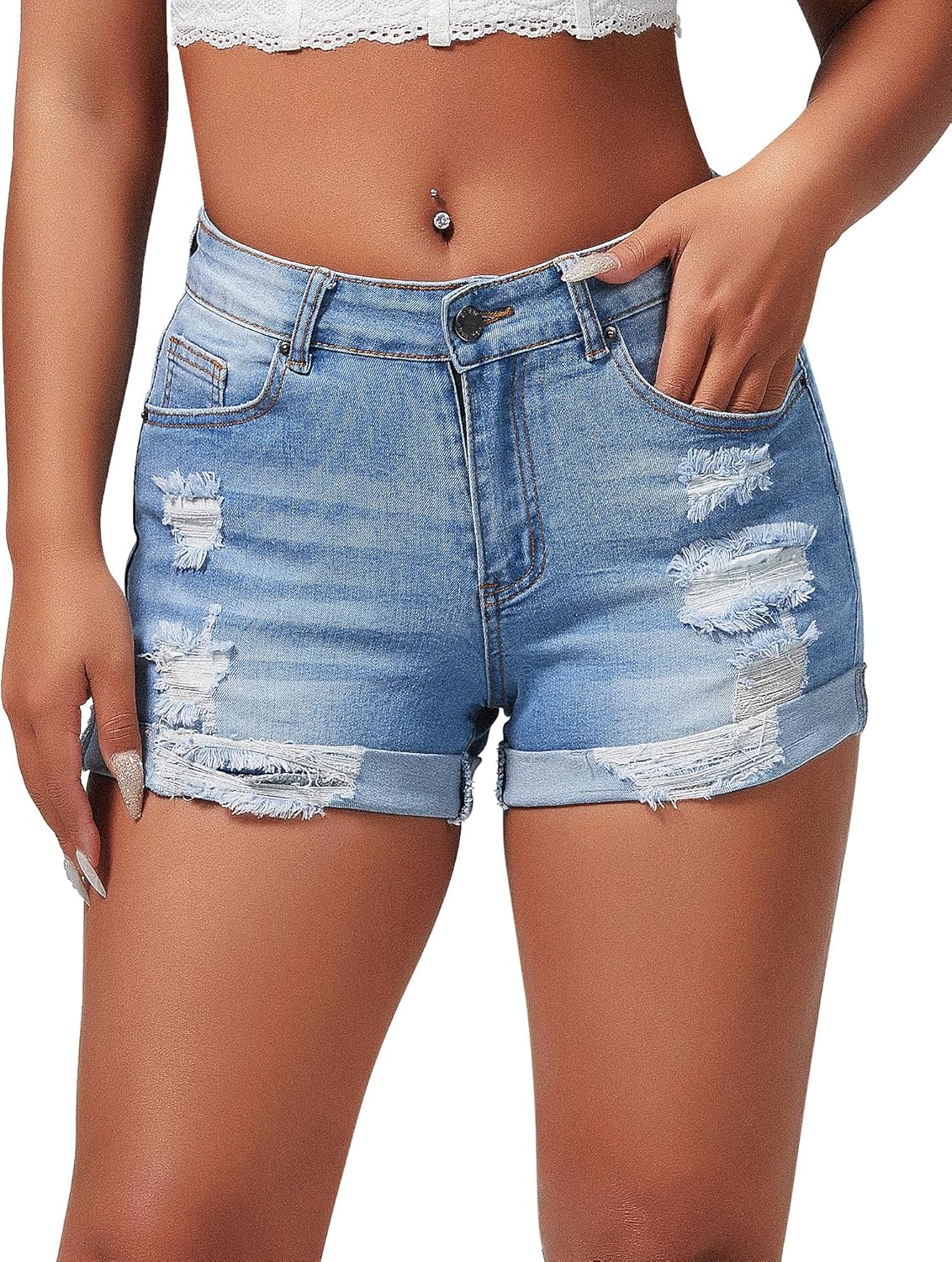 Women's Summer Mid Rise Ripped Denim Shorts Stretchy Butt Lifting Jean Shorts