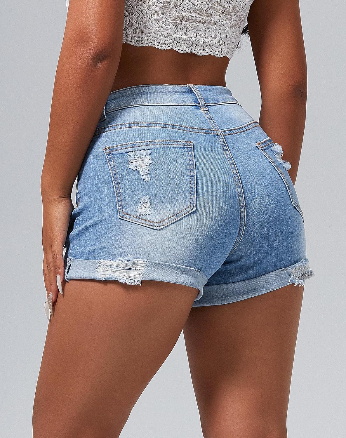 Women's Summer Mid Rise Ripped Denim Shorts Stretchy Butt Lifting Jean Shorts